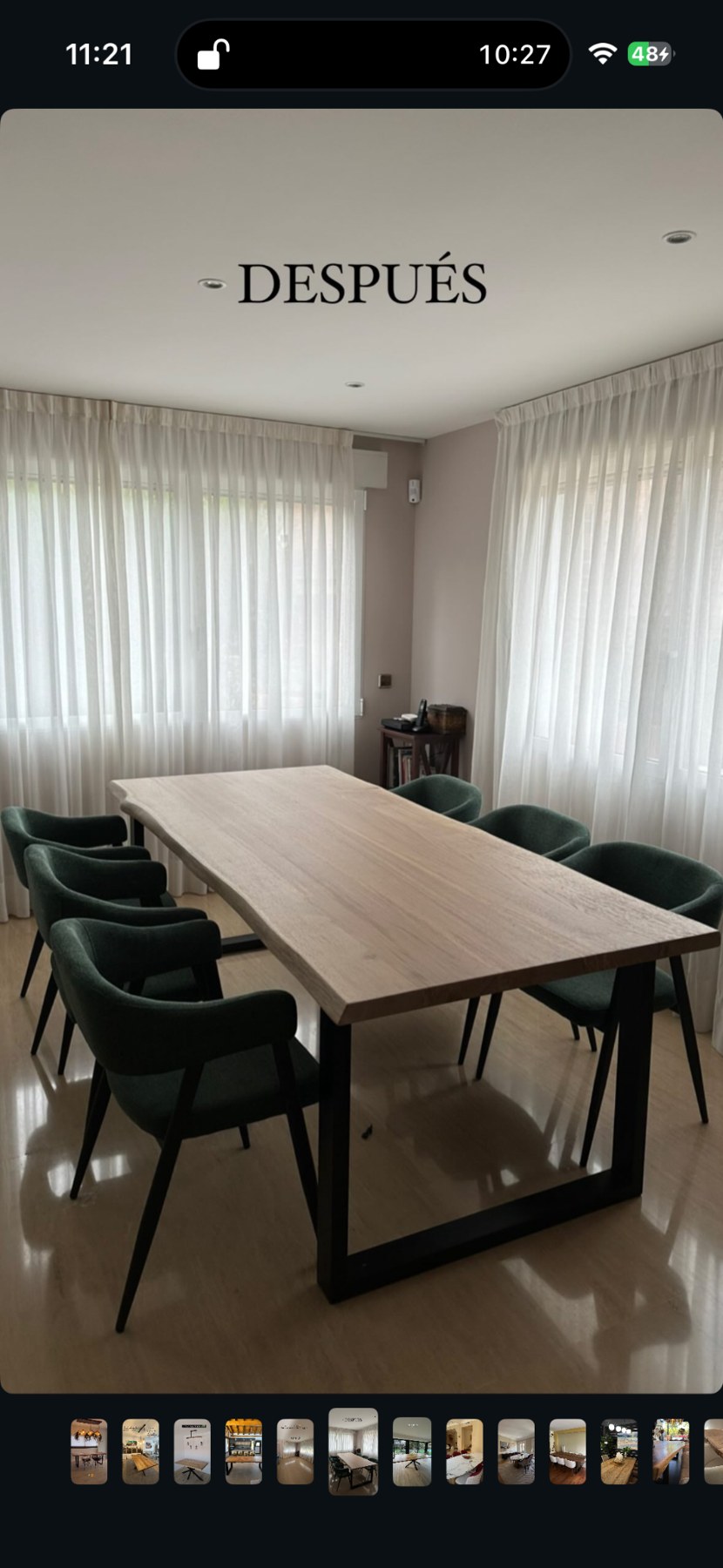 Después: comedor amueblado con mesa de madera y sillas oscuras